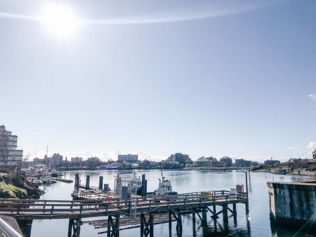 View of the water and downtown from the Johnson Street bridge in Victoria, BC